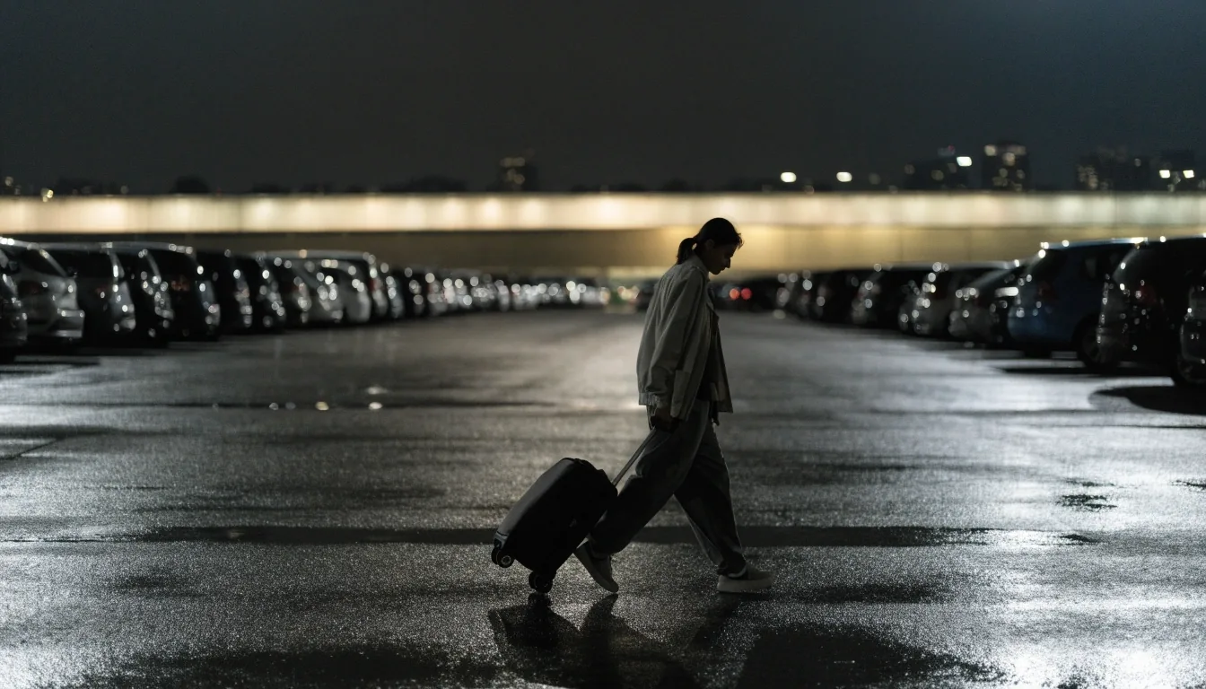 A car park roofline at night with the terminal's light wash along the horizon