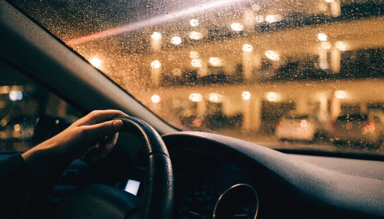 Rain-beaded windscreen at night with warm car park bay lighting behind the glass