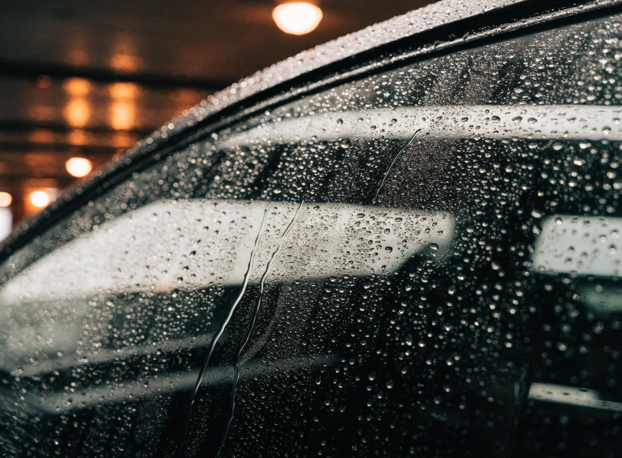 Rain on a car window at night with warm car-park lights behind it