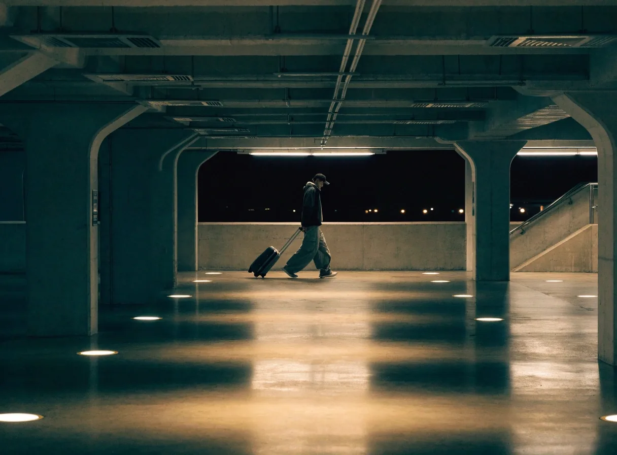 Quiet top deck of a covered airport car park at night with one long lit row of empty bays