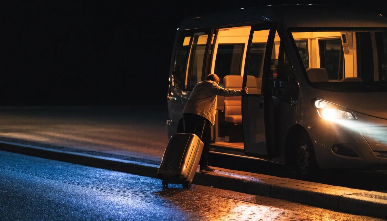 Shuttle bus door open at night with light pooling on wet ground as a traveller boards with luggage