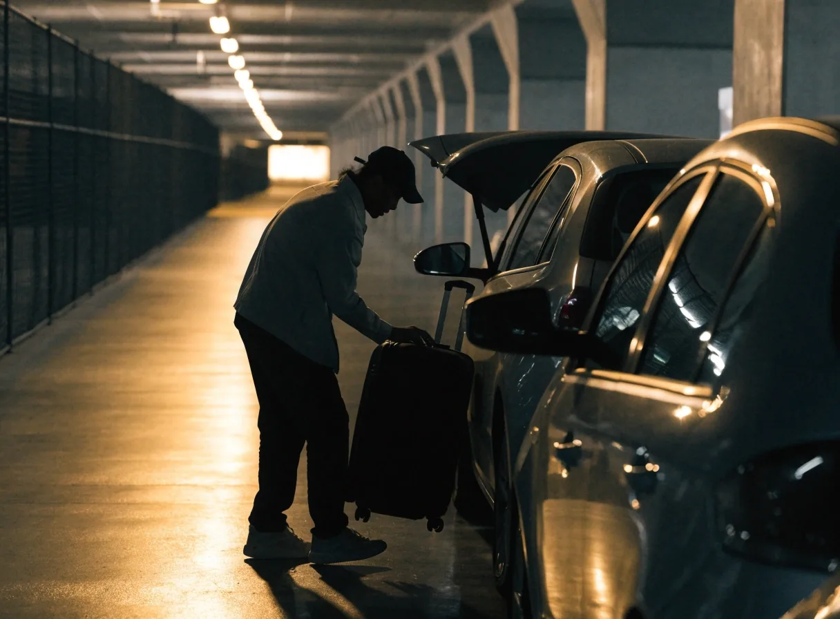 Traveller loading a suitcase beside a car in a covered Sydney Airport car park bay at night