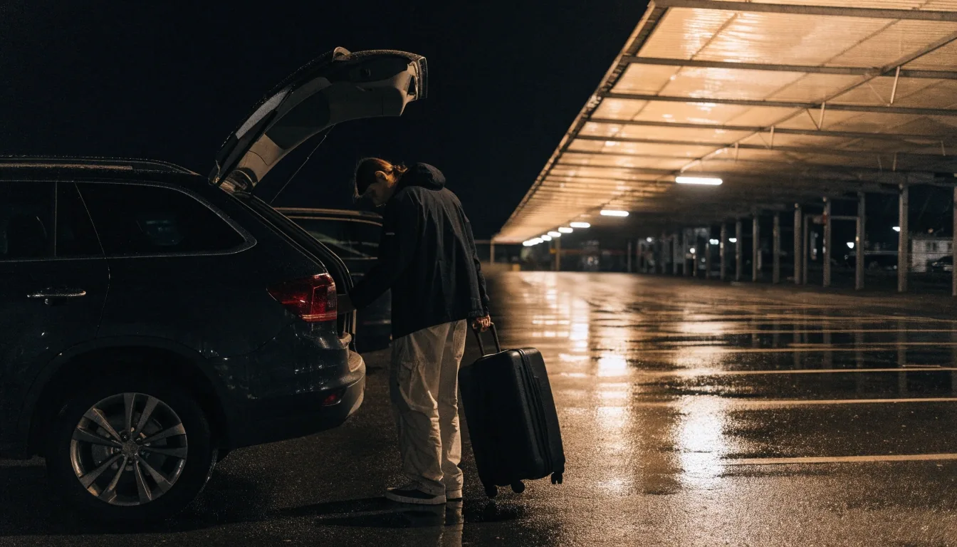 A lit row of covered parking bays in a night park and ride lot