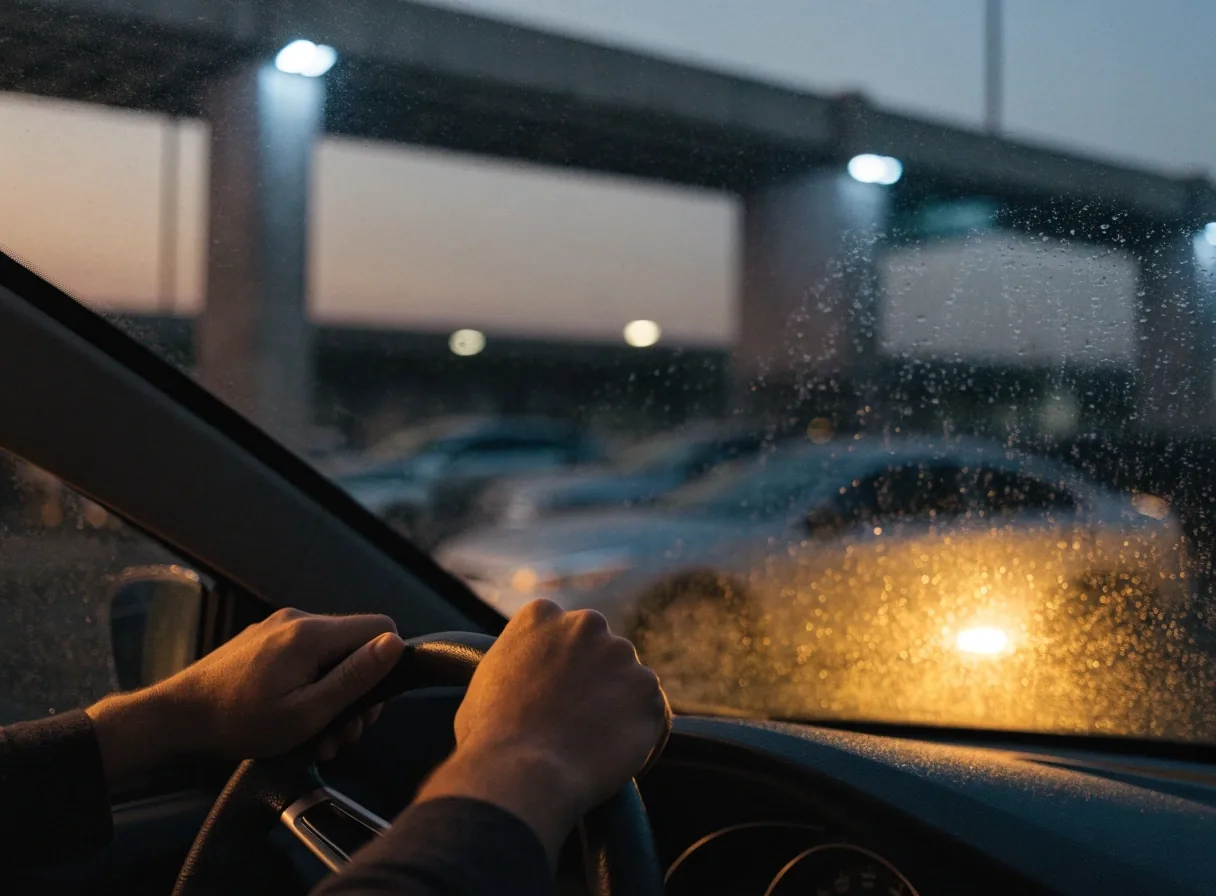 Hands on a steering wheel inside a covered car park at dusk with rain on the windscreen