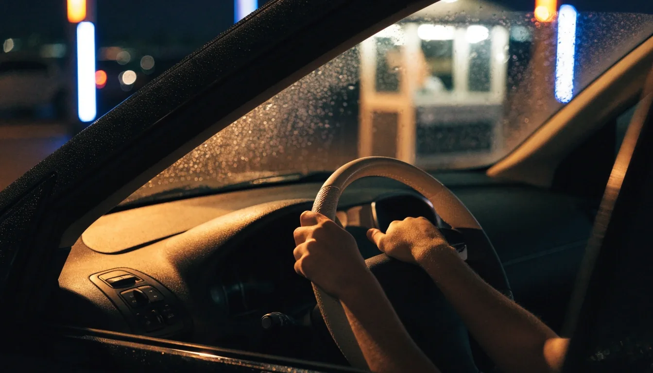 Driver resting both hands on the steering wheel in a covered car park at night, warm bay light on a rain-beaded windscreen
