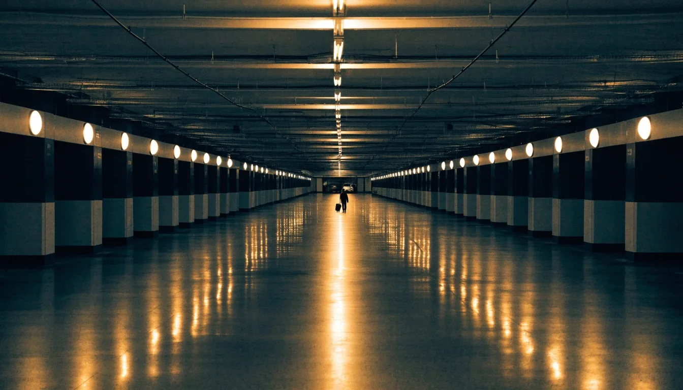 Lit bay rows inside a night car park with a traveller crossing with luggage
