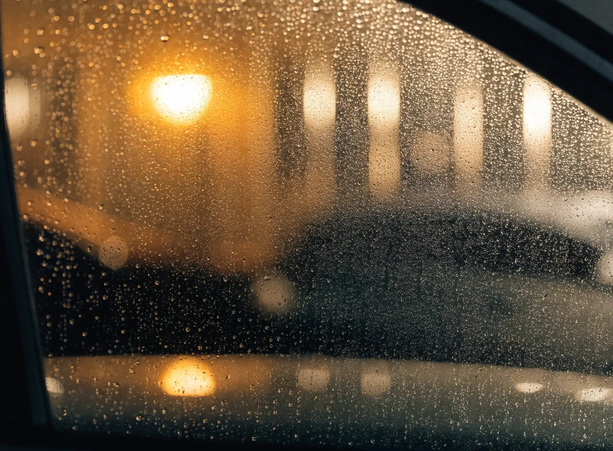 Rain on a car window at night with warm car park bay lights behind it