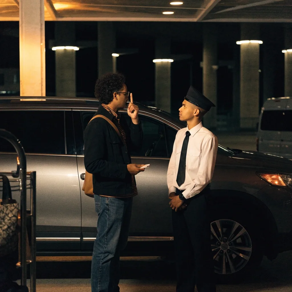 A traveller checking details by their car in a covered airport car park at night