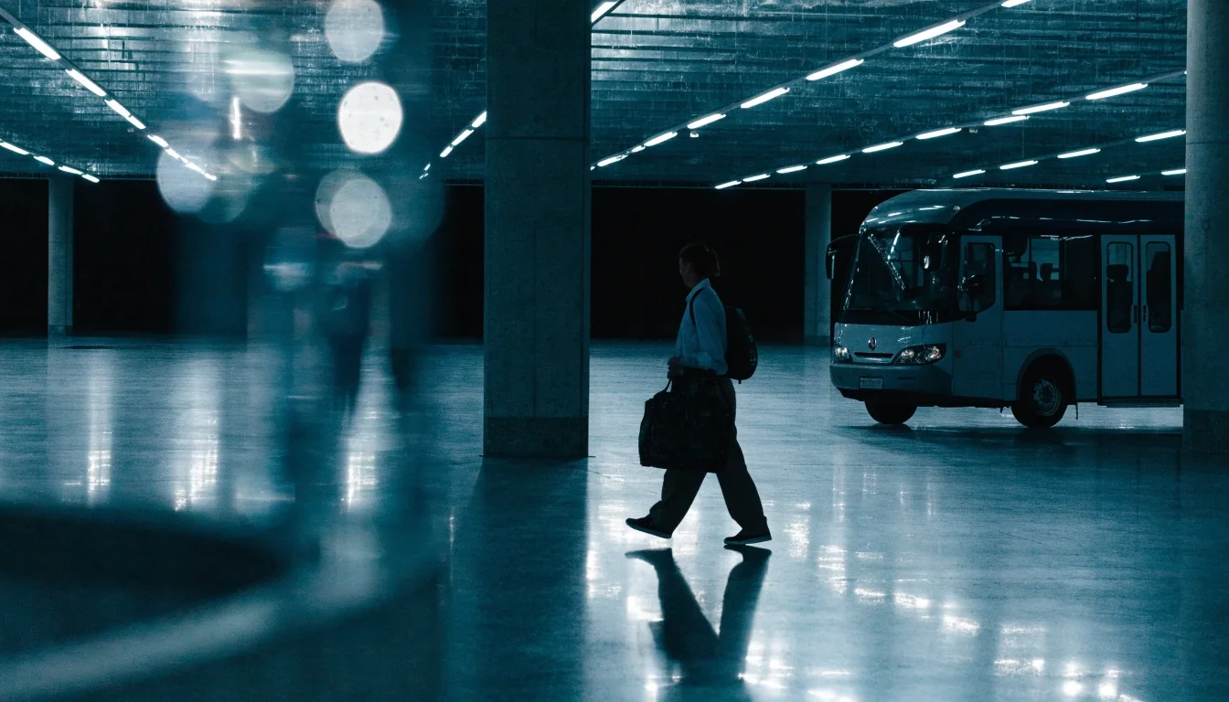 A traveller boarding a night shuttle bus at a covered airport park-and-ride deck