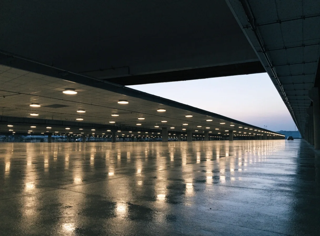 A quiet airport car park deck with one lit row of bays before dawn