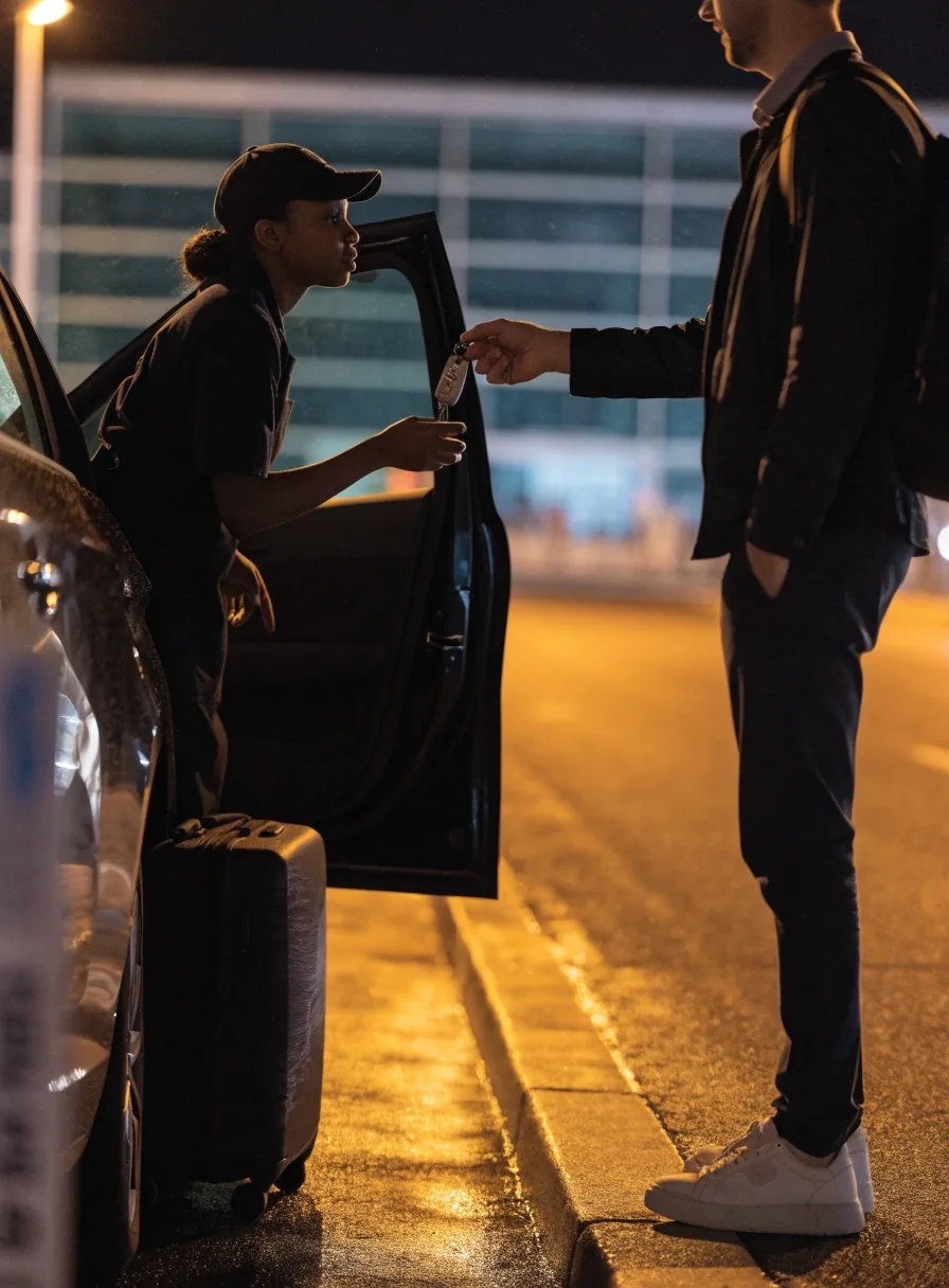 A traveller handing car keys to a valet attendant at a night airport kerbside