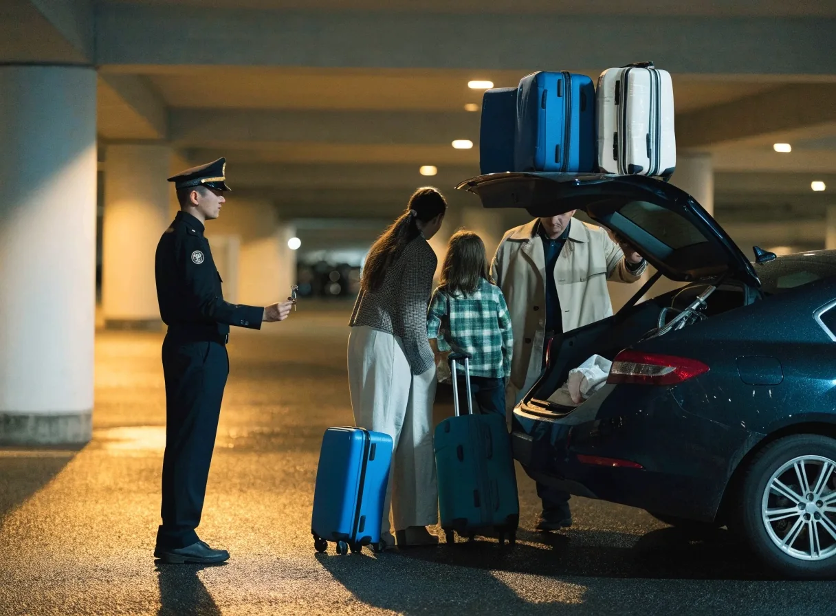 Travellers unloading luggage at a valet drop-off lane inside a warmly lit airport car park at night